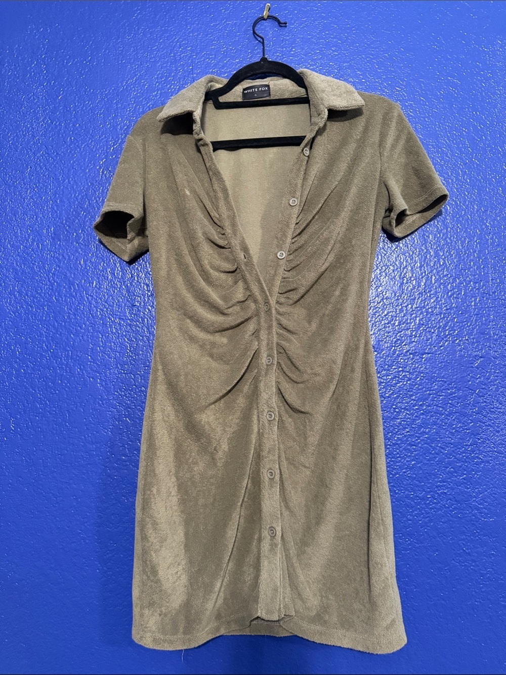 White Fox Boutique Olive Green Button-Front Ruched Mini Dress